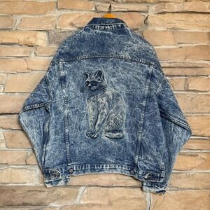 Vintage TYCA Made in USA Acid Wash Denim Jacket Cat Embroidery Mens L 80s 90s